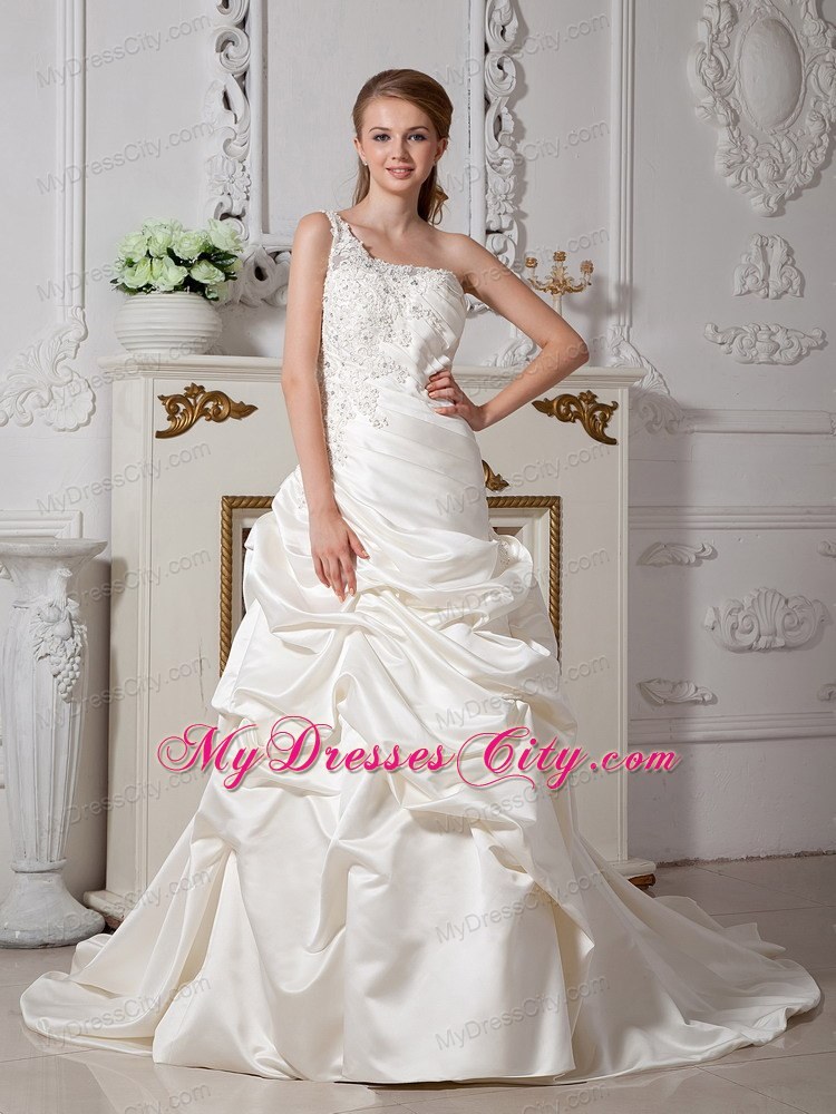 Appliques Single Shoulder Court Train Wedding Dress With Pick-ups