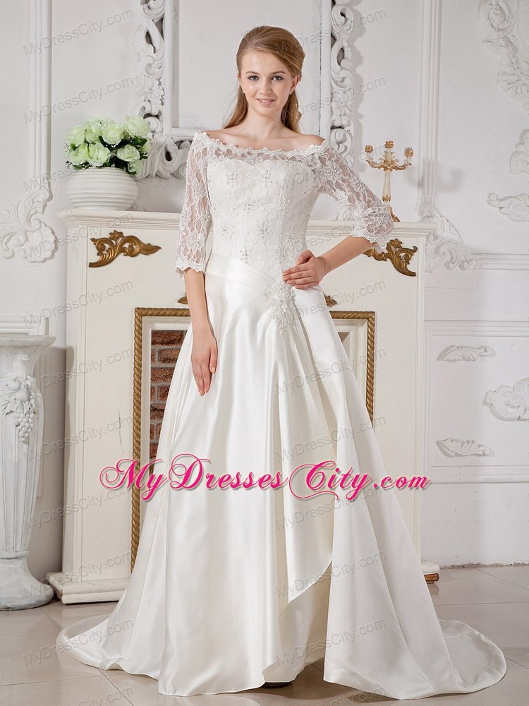 Lace Half Sleeves Off The Shoulder Clasp Handle Court Train Wedding Gown