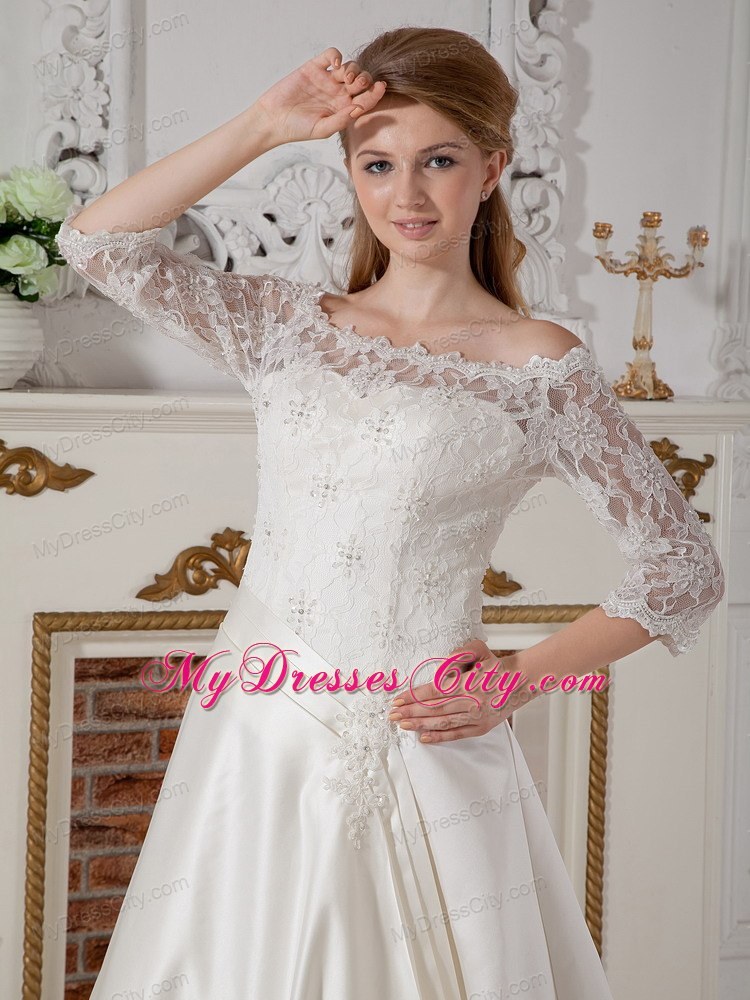 Lace Half Sleeves Off The Shoulder Clasp Handle Court Train Wedding Gown