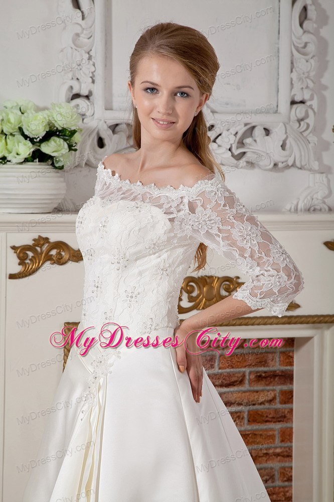 Lace Half Sleeves Off The Shoulder Clasp Handle Court Train Wedding Gown