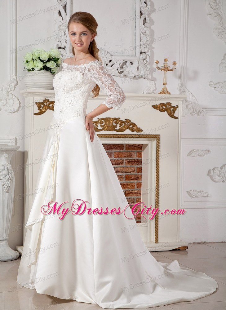 Lace Half Sleeves Off The Shoulder Clasp Handle Court Train Wedding Gown