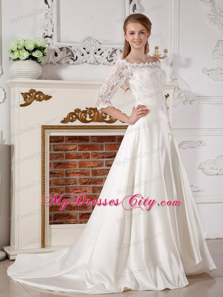 Lace Half Sleeves Off The Shoulder Clasp Handle Court Train Wedding Gown