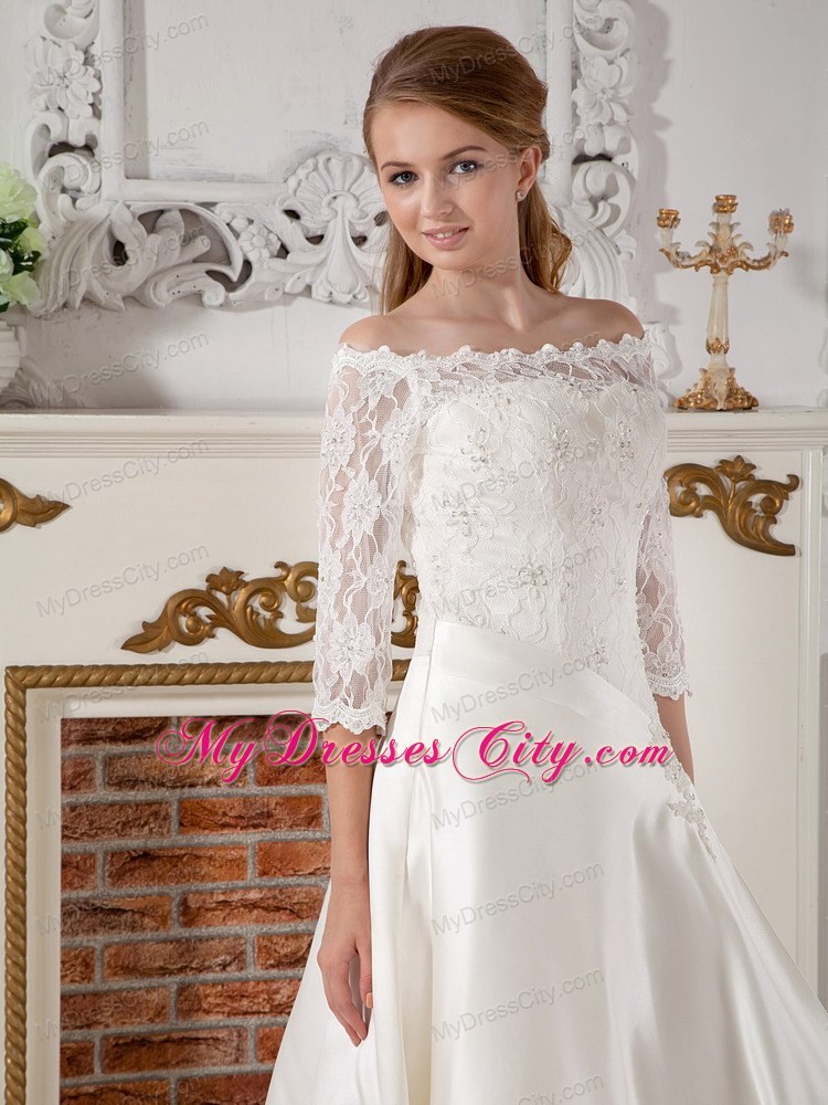 Lace Half Sleeves Off The Shoulder Clasp Handle Court Train Wedding Gown