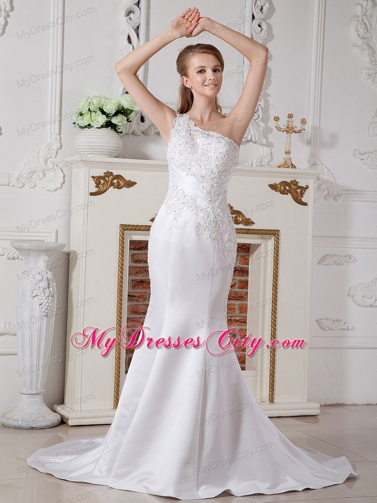 Mermaid One Shoulder Beaded Appliques Court Train Bridal Dresses