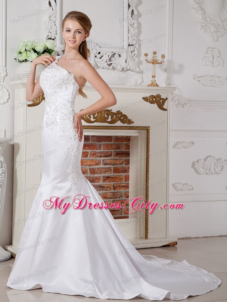 Mermaid One Shoulder Beaded Appliques Court Train Bridal Dresses