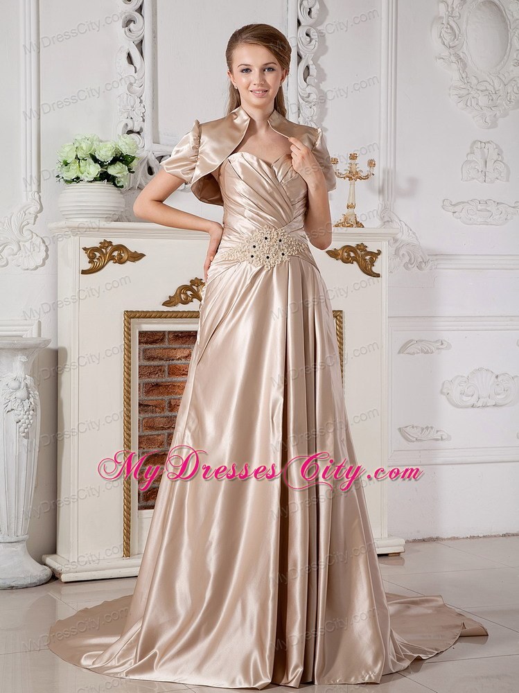 Champagne Court Train Beaded Appliques Wedding Gown with Jacket