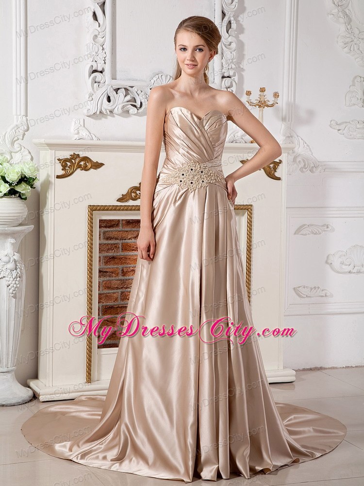 Champagne Court Train Beaded Appliques Wedding Gown with Jacket