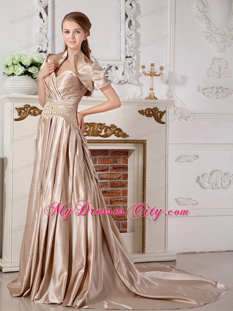 Champagne Court Train Beaded Appliques Wedding Gown with Jacket