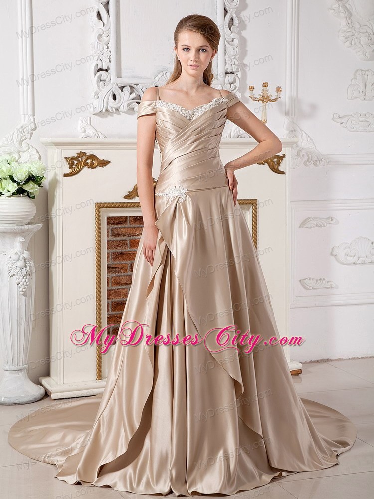 A-line Champagne Off The Shoulder Appliques Court Train Wedding Dresses