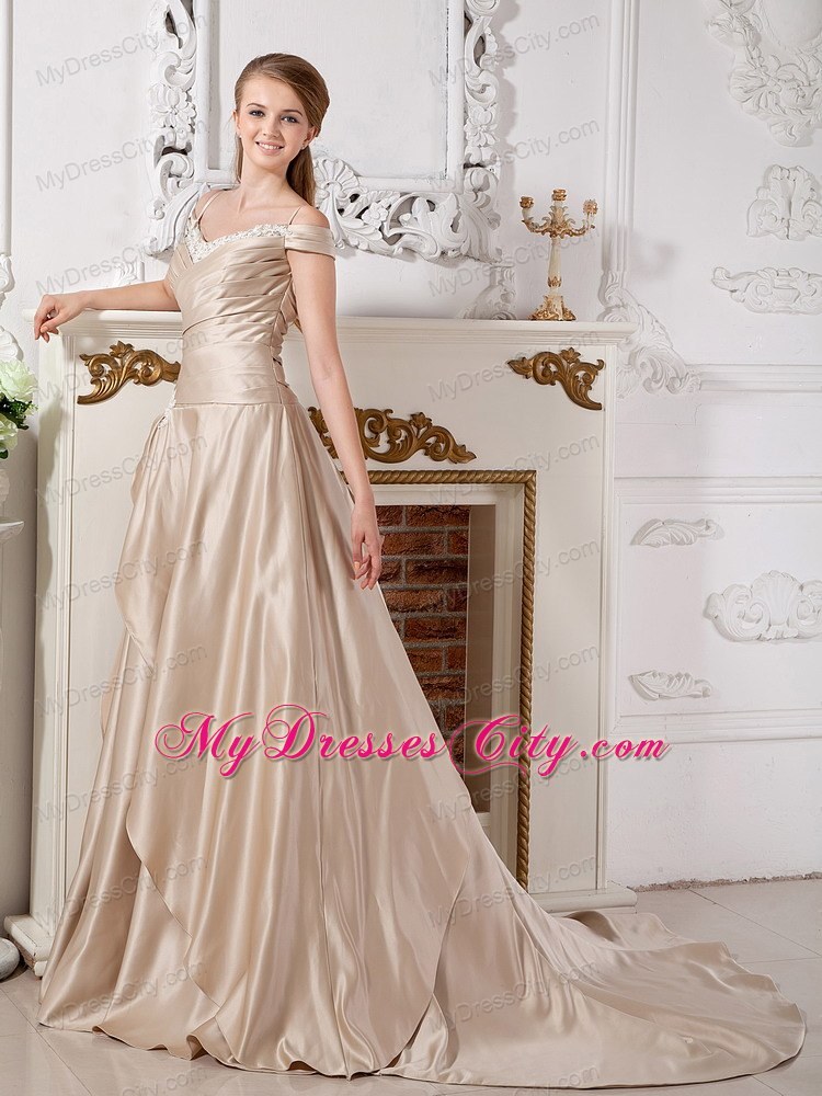 A-line Champagne Off The Shoulder Appliques Court Train Wedding Dresses