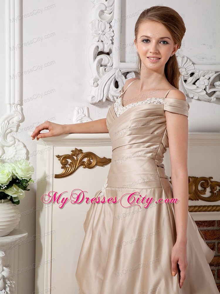 A-line Champagne Off The Shoulder Appliques Court Train Wedding Dresses