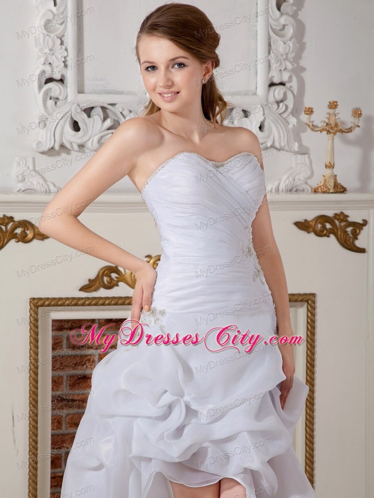 Asymmetrical Ruching Appliques Wedding Gowns with Court Train