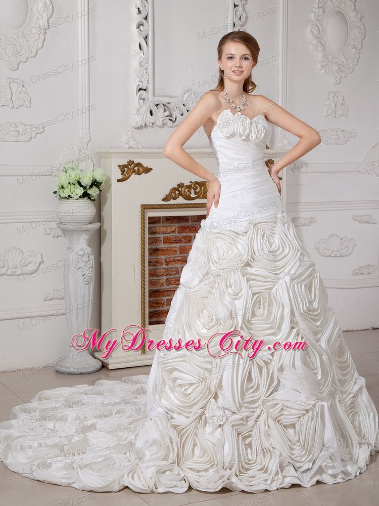 Ruched Rolling Flowers Sweetheart Court Train Wedding Gown