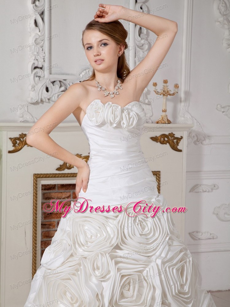 Ruched Rolling Flowers Sweetheart Court Train Wedding Gown