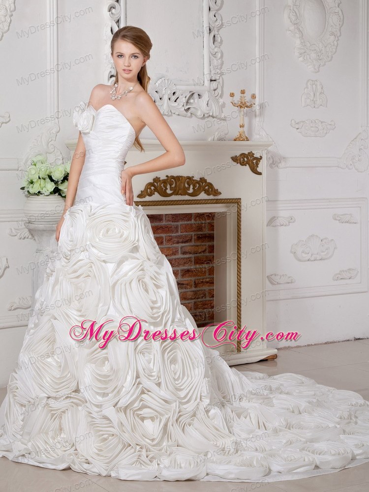 Ruched Rolling Flowers Sweetheart Court Train Wedding Gown