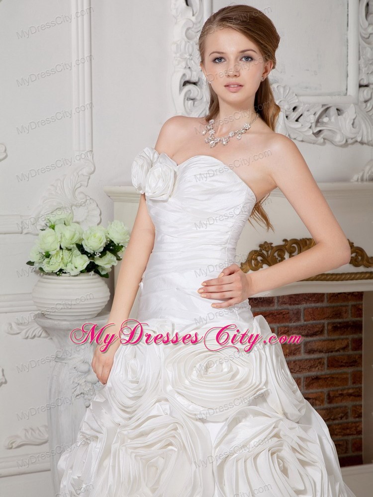 Ruched Rolling Flowers Sweetheart Court Train Wedding Gown