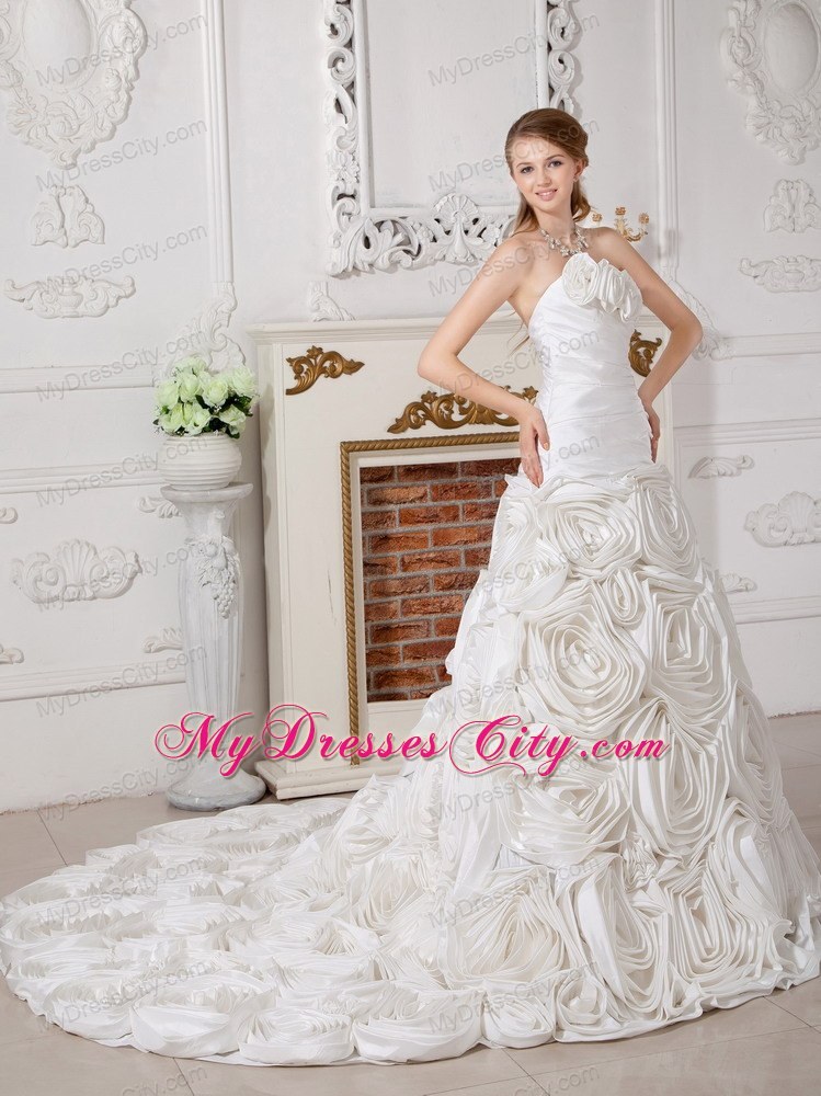 Ruched Rolling Flowers Sweetheart Court Train Wedding Gown