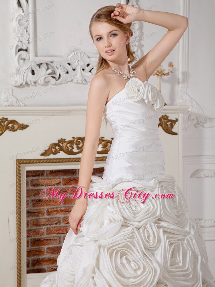 Ruched Rolling Flowers Sweetheart Court Train Wedding Gown