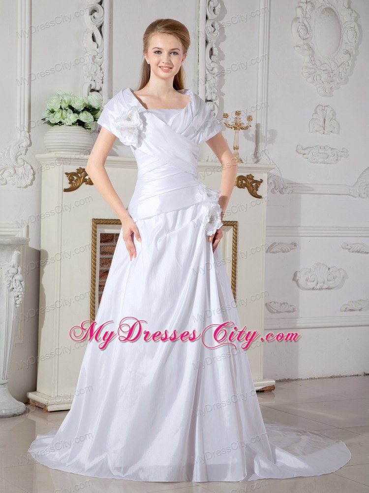 A-line Short Sleeves Court Train Hand Made Flowers Bridal Gowns