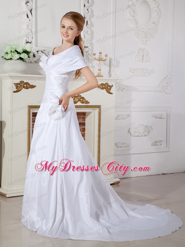 A-line Short Sleeves Court Train Hand Made Flowers Bridal Gowns