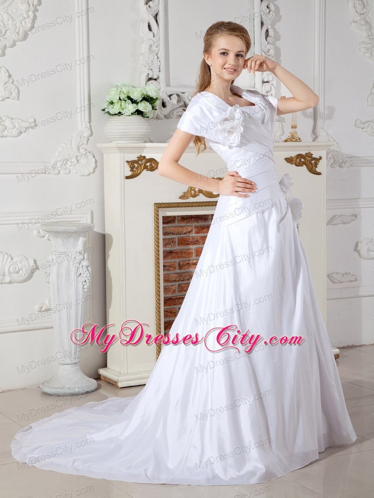 A-line Short Sleeves Court Train Hand Made Flowers Bridal Gowns