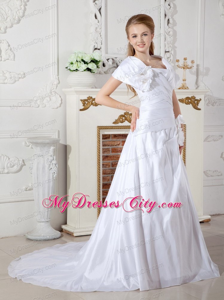 A-line Short Sleeves Court Train Hand Made Flowers Bridal Gowns