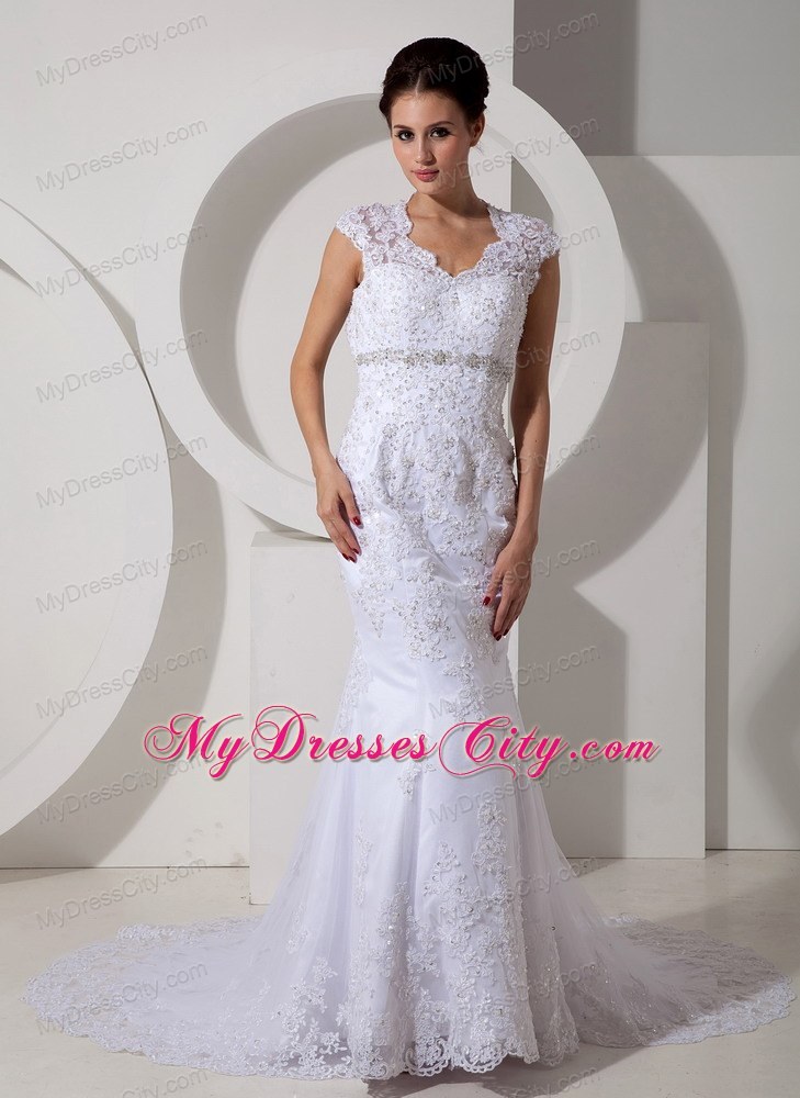 Mermaid Square Lace Beading Court Train Wedding Dress in White