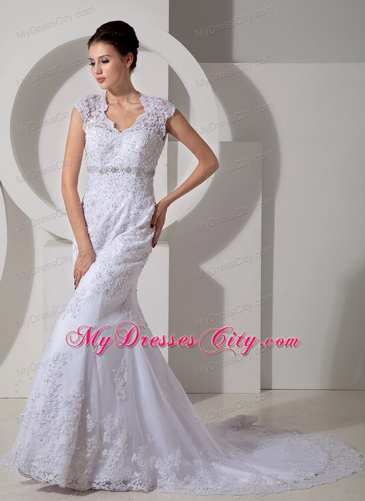 Mermaid Square Lace Beading Court Train Wedding Dress in White