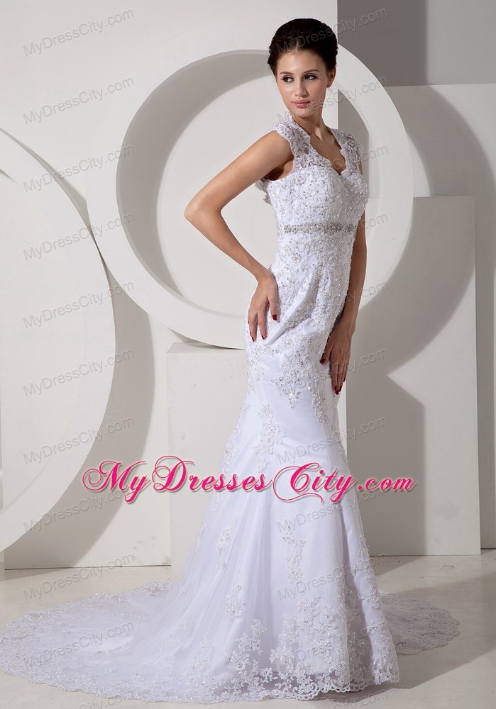 Mermaid Square Lace Beading Court Train Wedding Dress in White