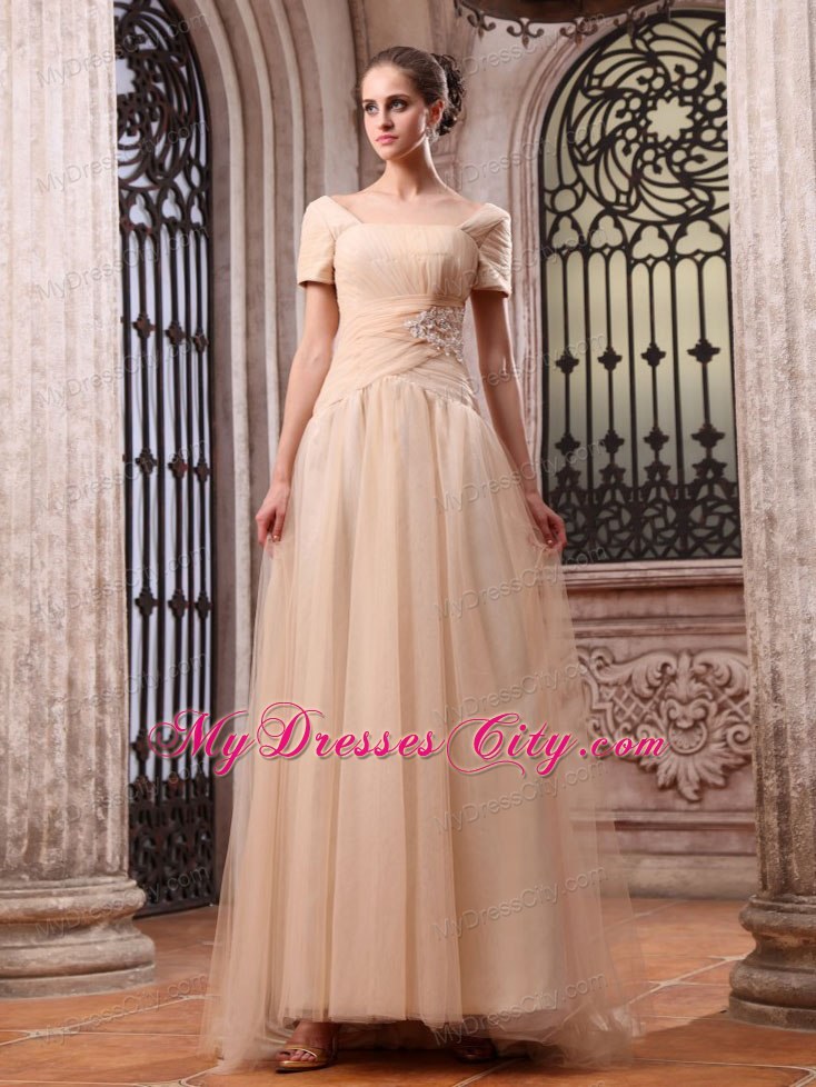 Champagne Short Sleeves Bridal Gowns With Appliques and Brush Train