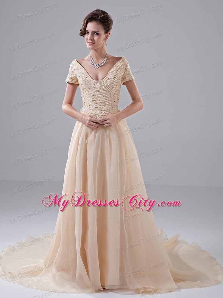 Diamonds Short Sleeves Champagne Court Train Bridal Gown