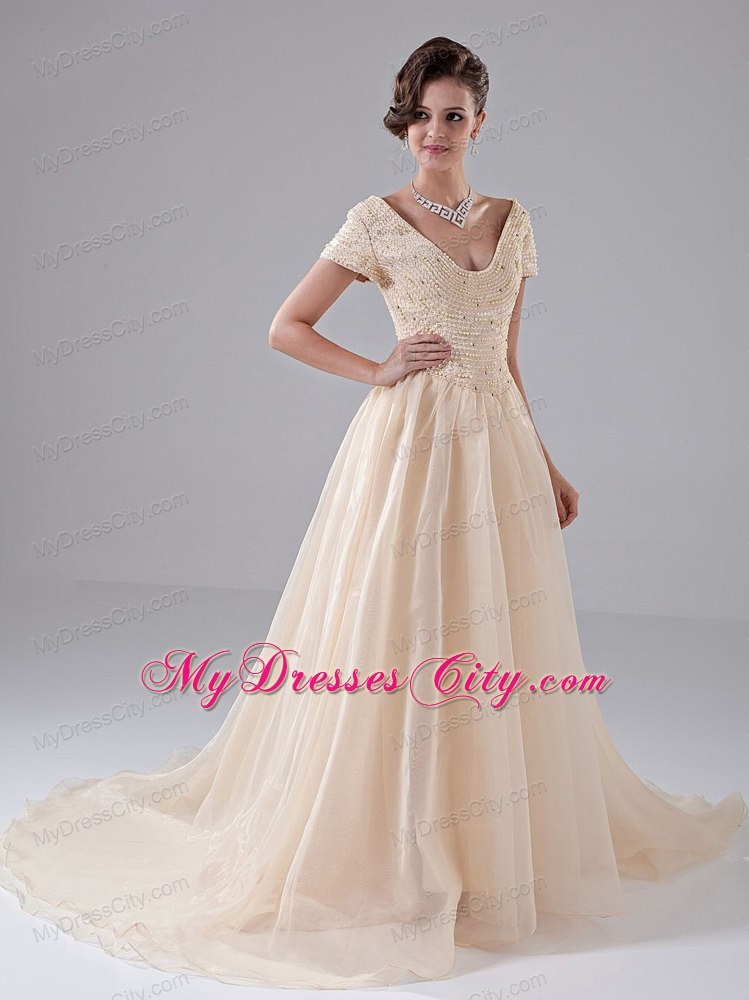 Diamonds Short Sleeves Champagne Court Train Bridal Gown