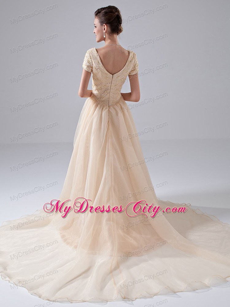 Diamonds Short Sleeves Champagne Court Train Bridal Gown