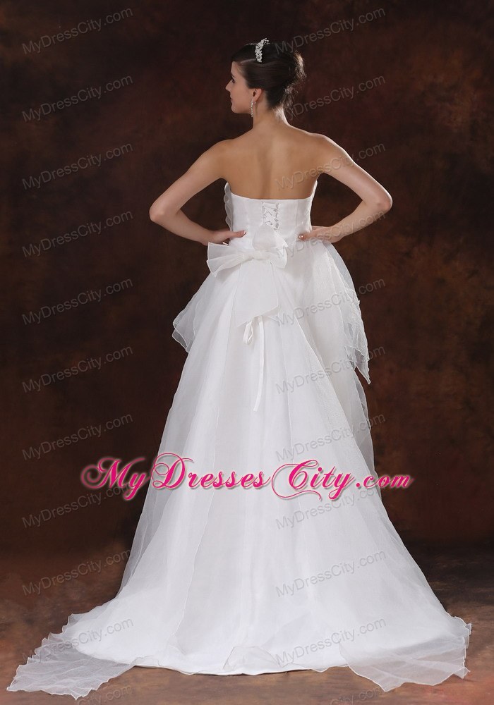 Beaded Tiers High-low Court Train Wedding Dresses with Bowknot Back