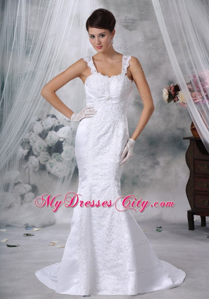 White Mermaid Straps Court Train Satin Wedding Dress with Lace Appliques