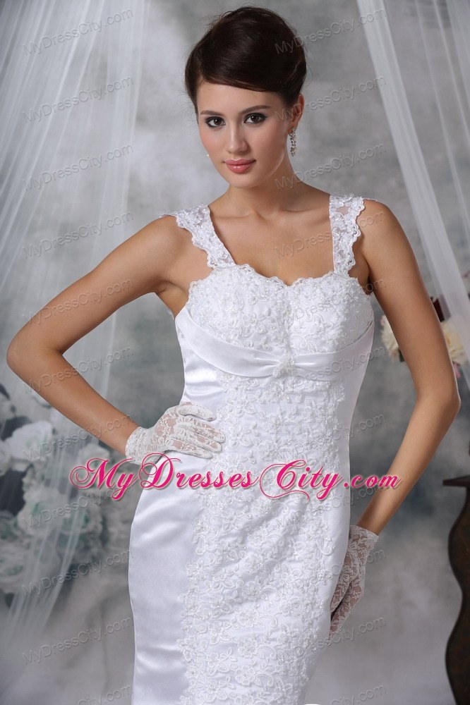 White Mermaid Straps Court Train Satin Wedding Dress with Lace Appliques