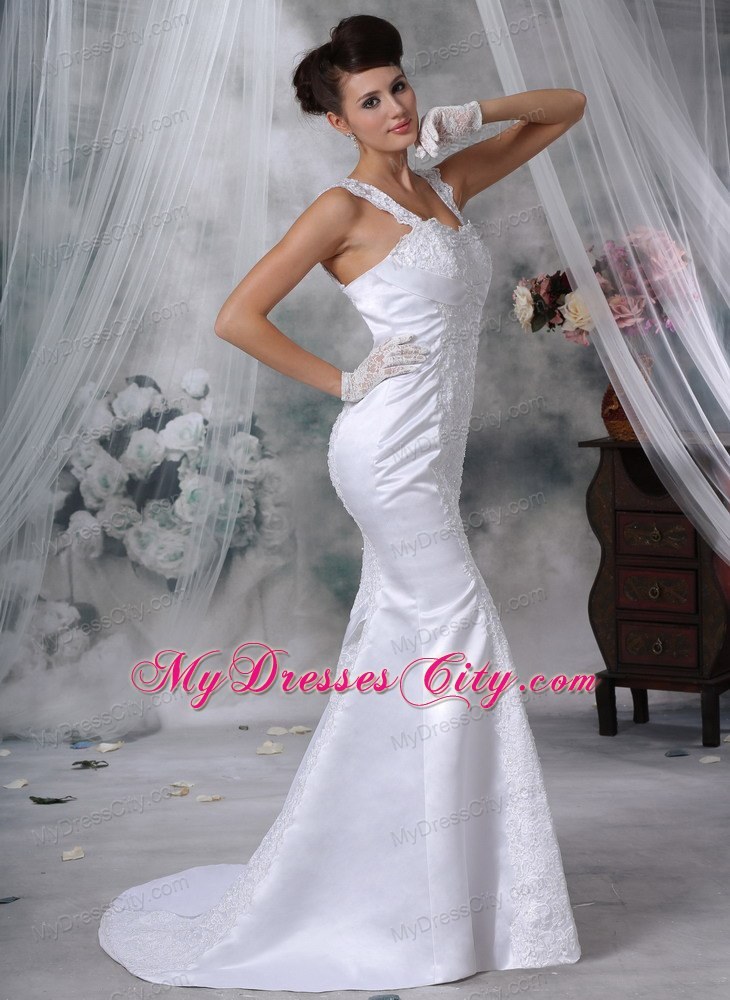 White Mermaid Straps Court Train Satin Wedding Dress with Lace Appliques