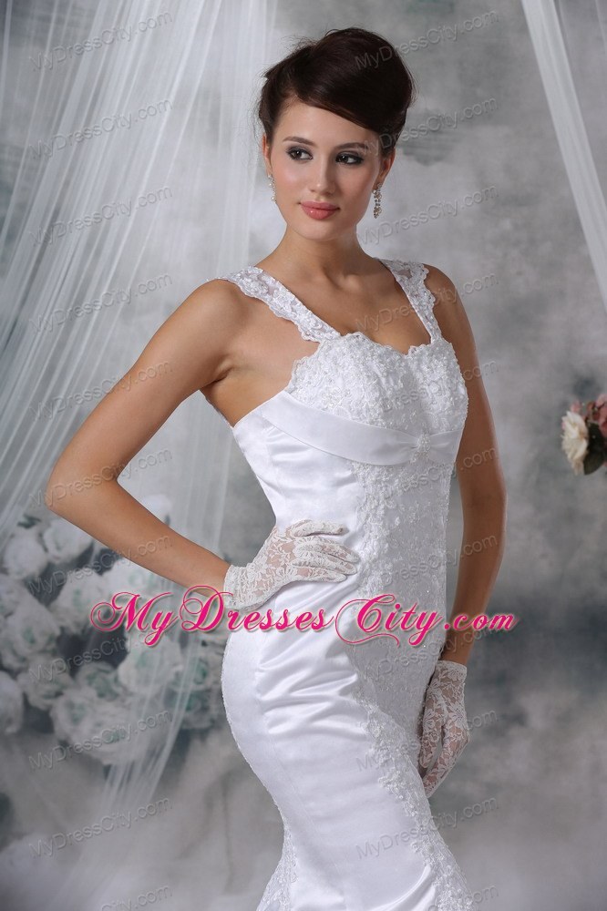 White Mermaid Straps Court Train Satin Wedding Dress with Lace Appliques