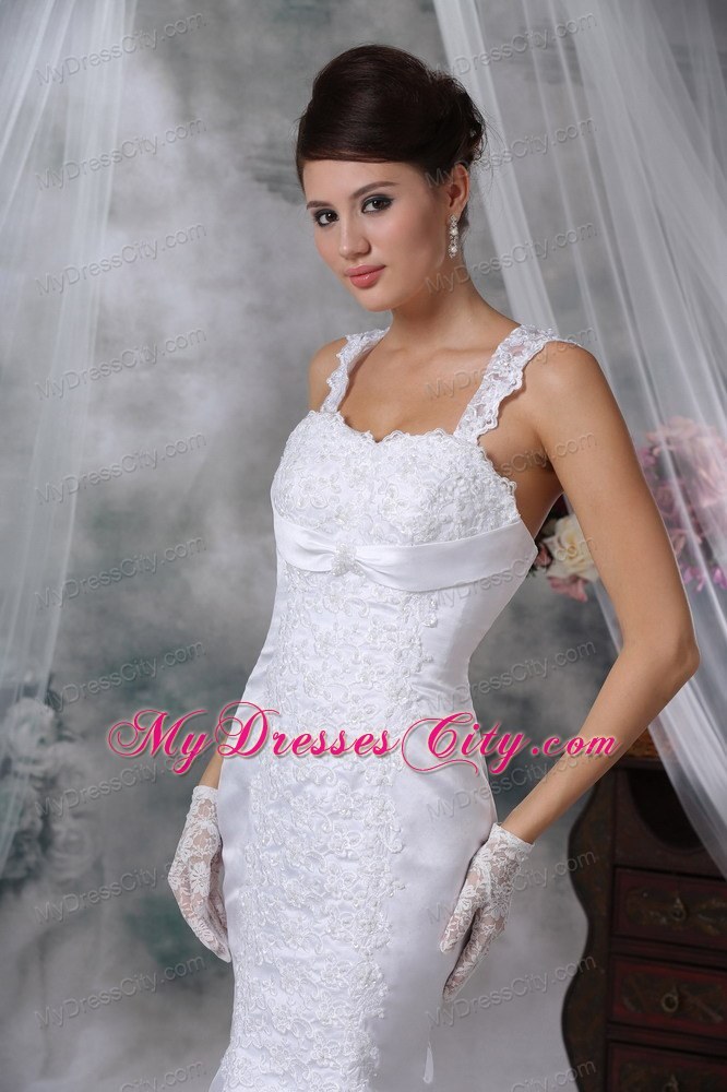 White Mermaid Straps Court Train Satin Wedding Dress with Lace Appliques