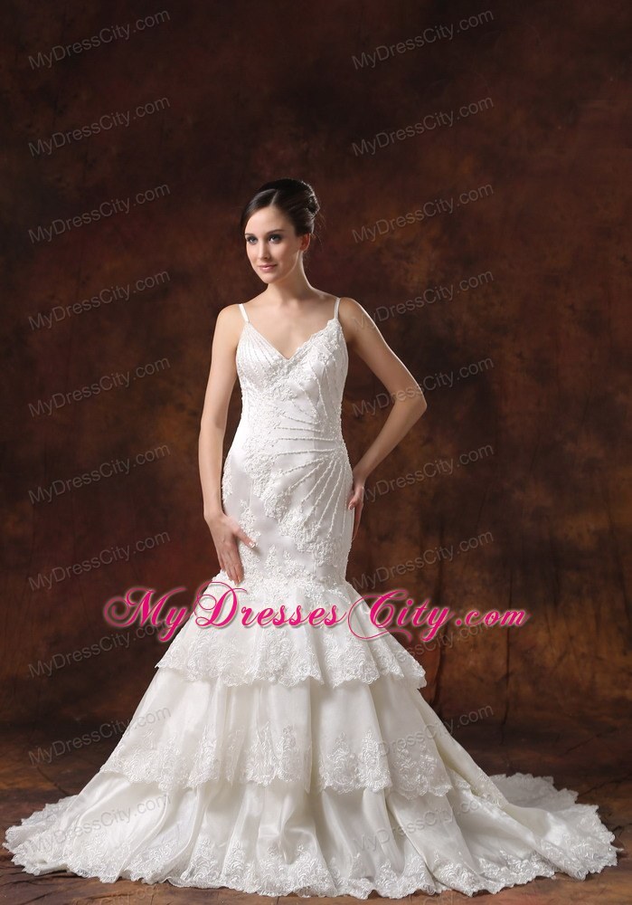 Spaghetti Straps Mermaid Brush Train Lace Wedding Dress with Layers