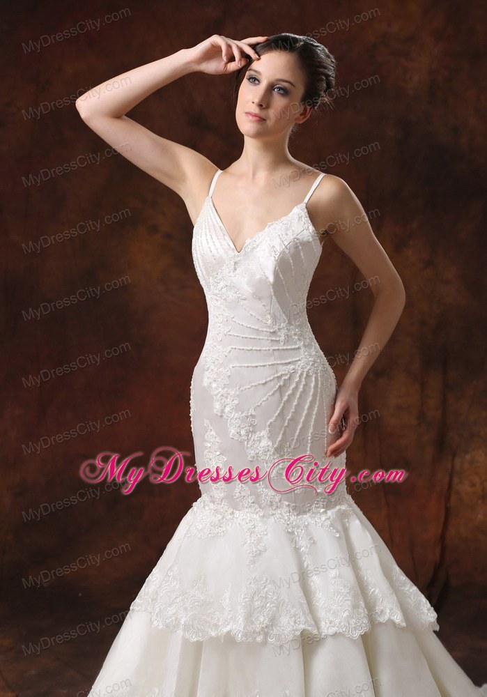 Spaghetti Straps Mermaid Brush Train Lace Wedding Dress with Layers