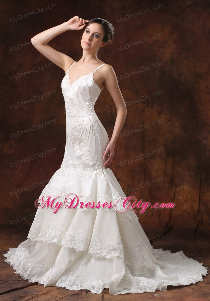 Spaghetti Straps Mermaid Brush Train Lace Wedding Dress with Layers