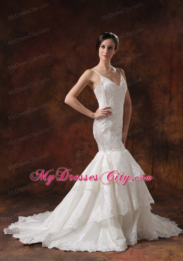 Spaghetti Straps Mermaid Brush Train Lace Wedding Dress with Layers