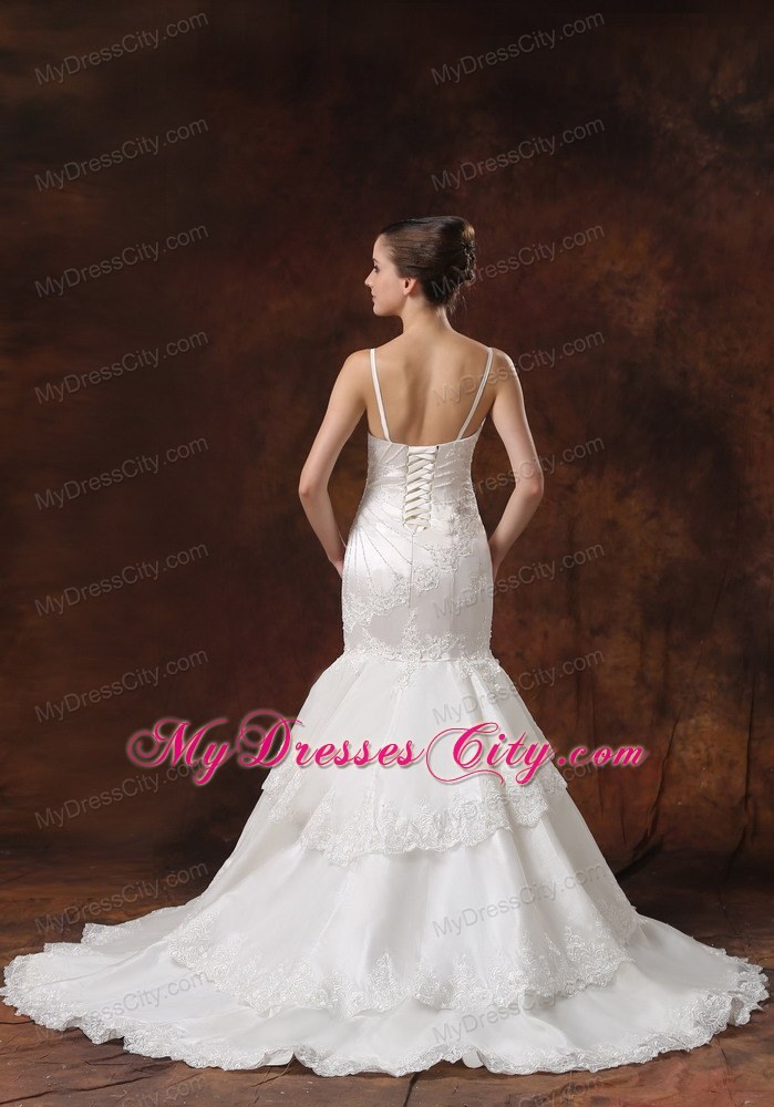 Spaghetti Straps Mermaid Brush Train Lace Wedding Dress with Layers