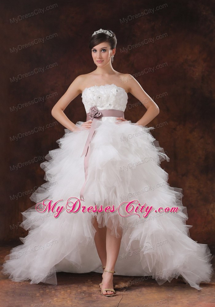 Brush Train Ruffles Decorate High-low Wedding Dress with Flowers Belt