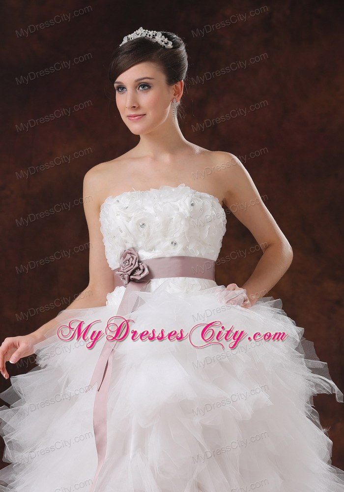 Brush Train Ruffles Decorate High-low Wedding Dress with Flowers Belt