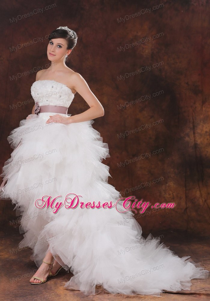 Brush Train Ruffles Decorate High-low Wedding Dress with Flowers Belt