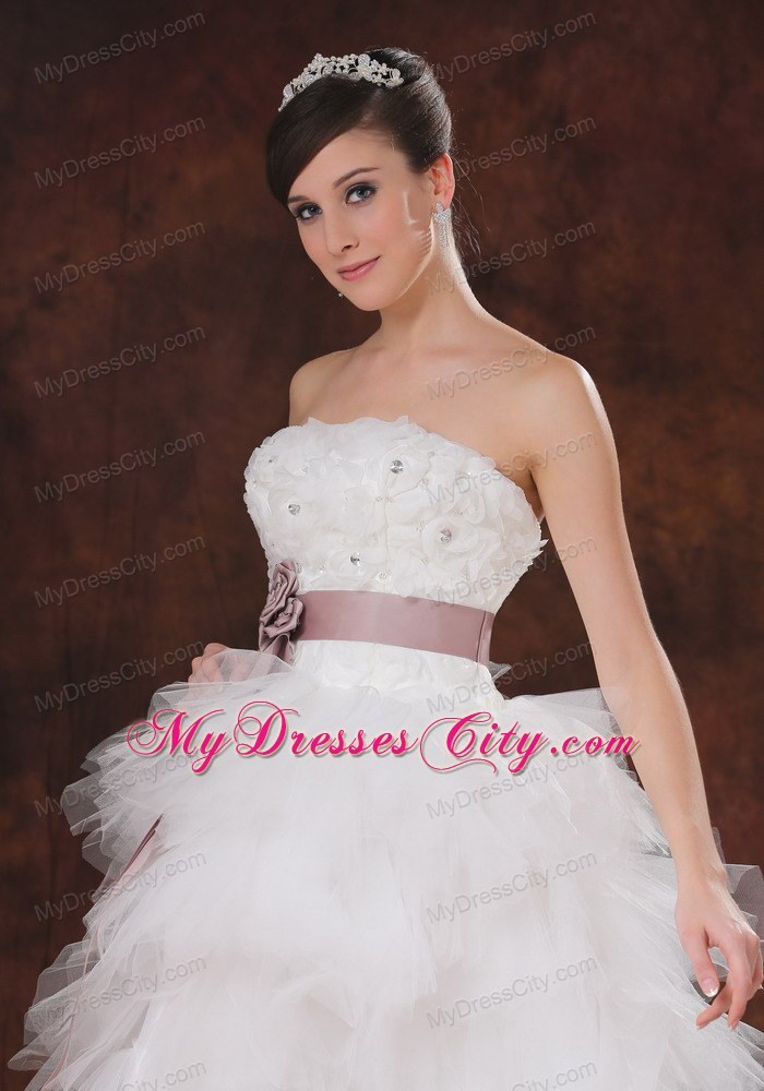 Brush Train Ruffles Decorate High-low Wedding Dress with Flowers Belt