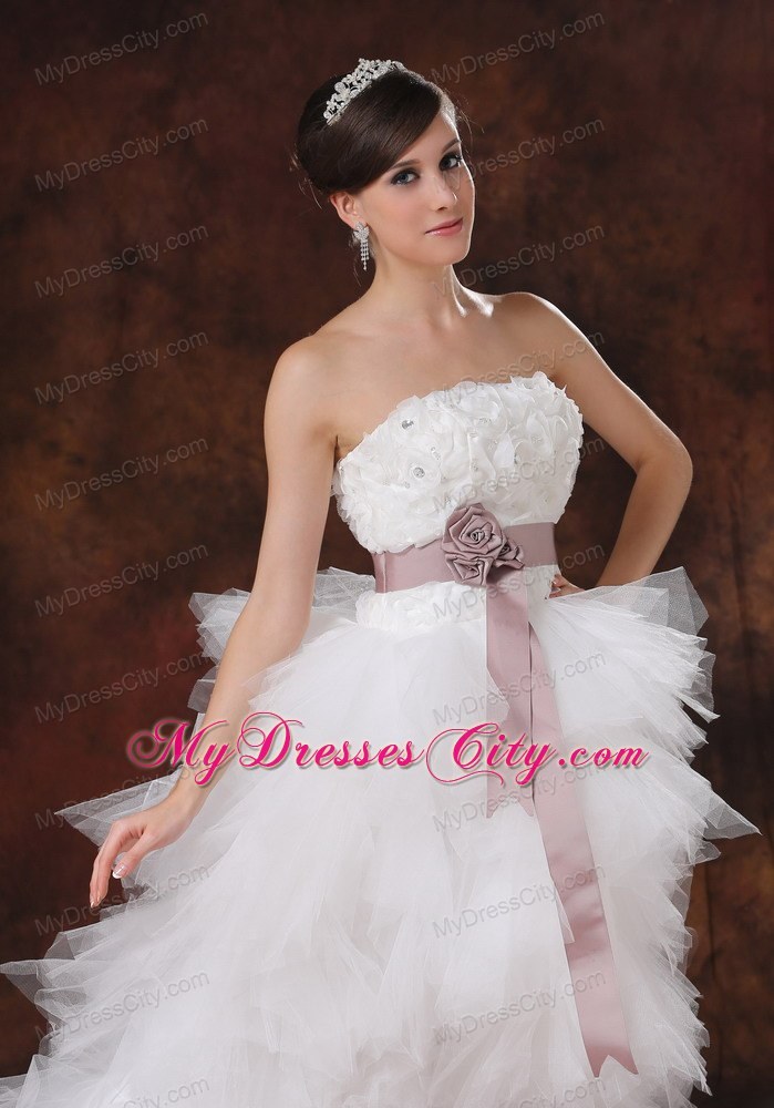 Brush Train Ruffles Decorate High-low Wedding Dress with Flowers Belt