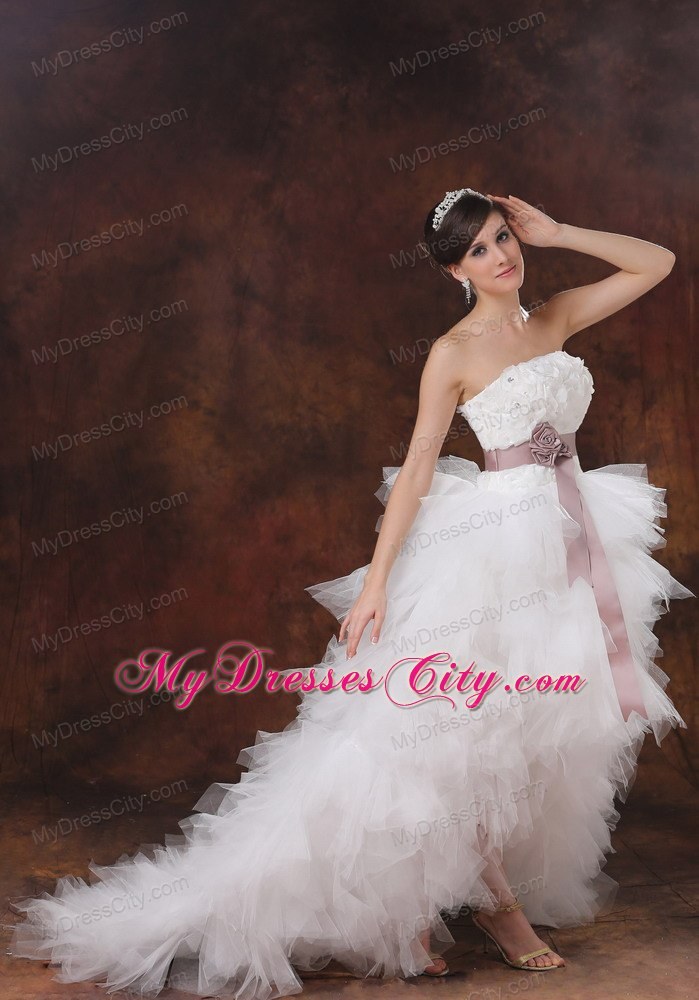 Brush Train Ruffles Decorate High-low Wedding Dress with Flowers Belt